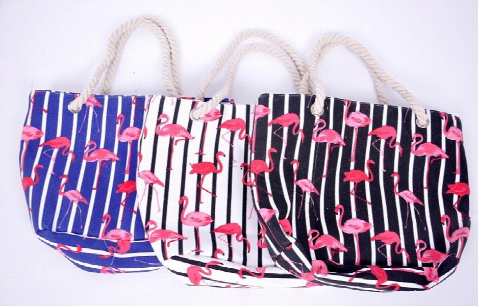Flamingo Striped Canvas Shoulder Bag Women Casual Beach Handbag