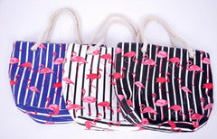 Flamingo Striped Canvas Shoulder Bag Women Casual Beach Handbag