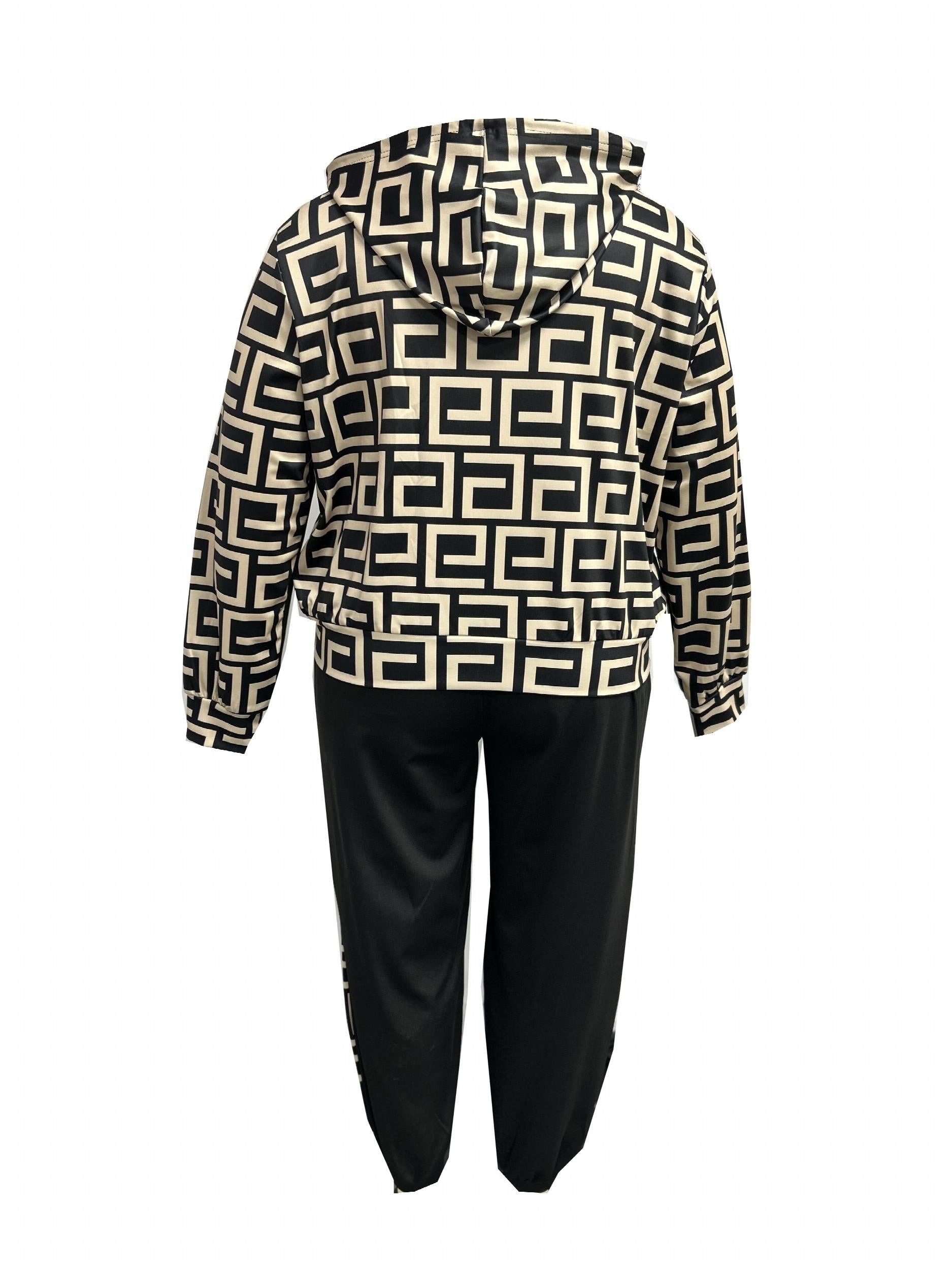 Colorblock Geometric Print Hooded Top & Pants Set