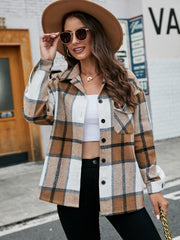 Plaid Print Shacket Button Front Collar Outerwear