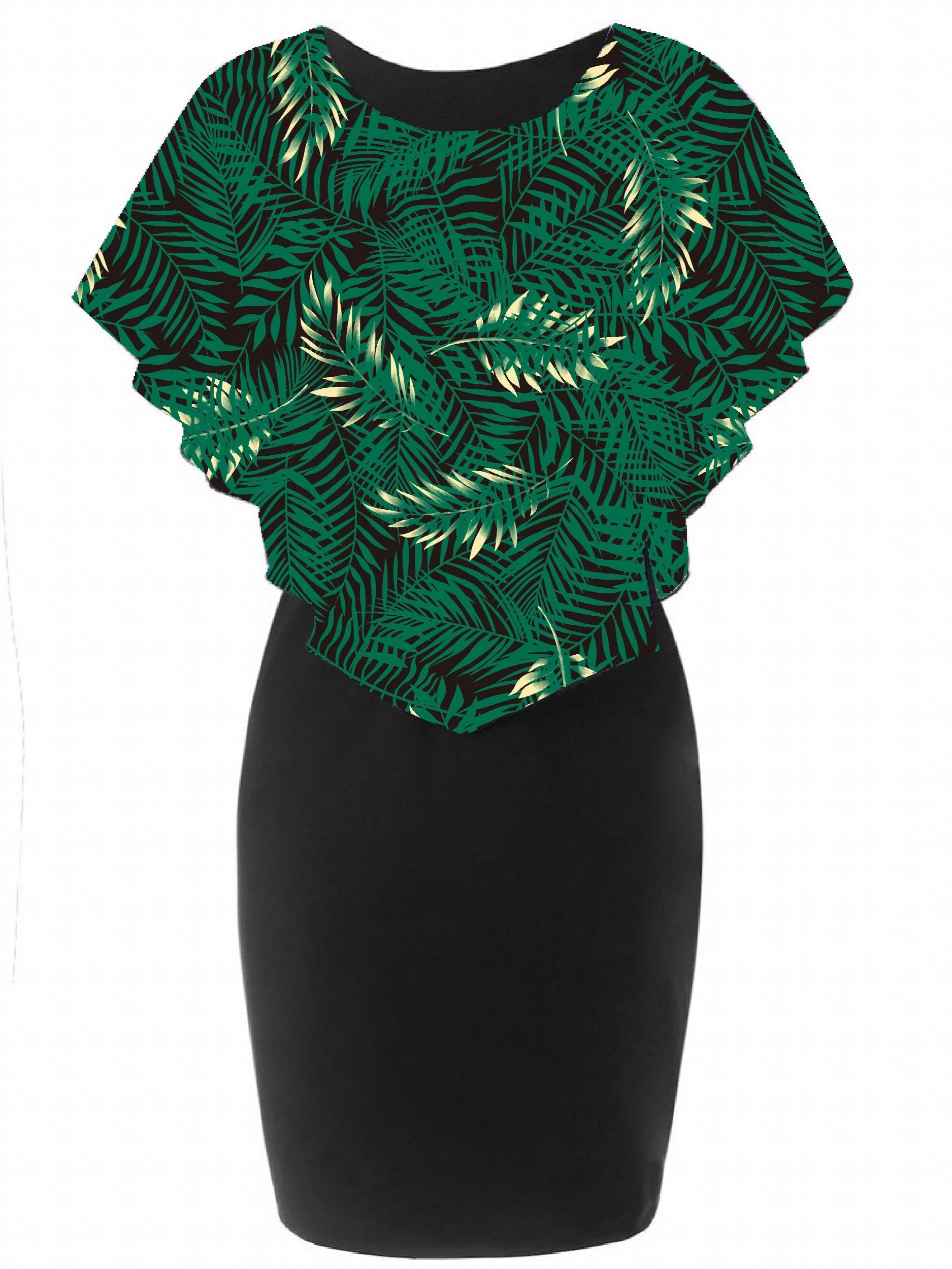 Women's Leaf Print Cloak Round Neck Dress