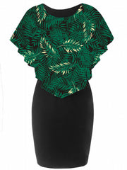 Women's Leaf Print Cloak Round Neck Dress