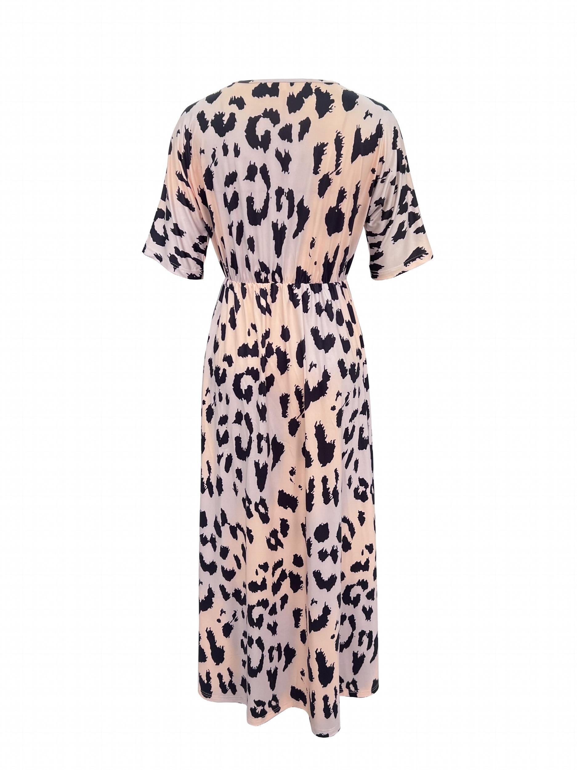 Leopard Print Maxi Dress Elastic Waist Short Sleeve Dress Women's Clothing