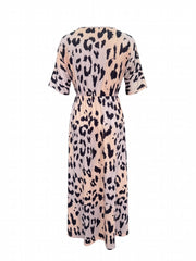 Leopard Print Maxi Dress Elastic Waist Short Sleeve Dress Women's Clothing