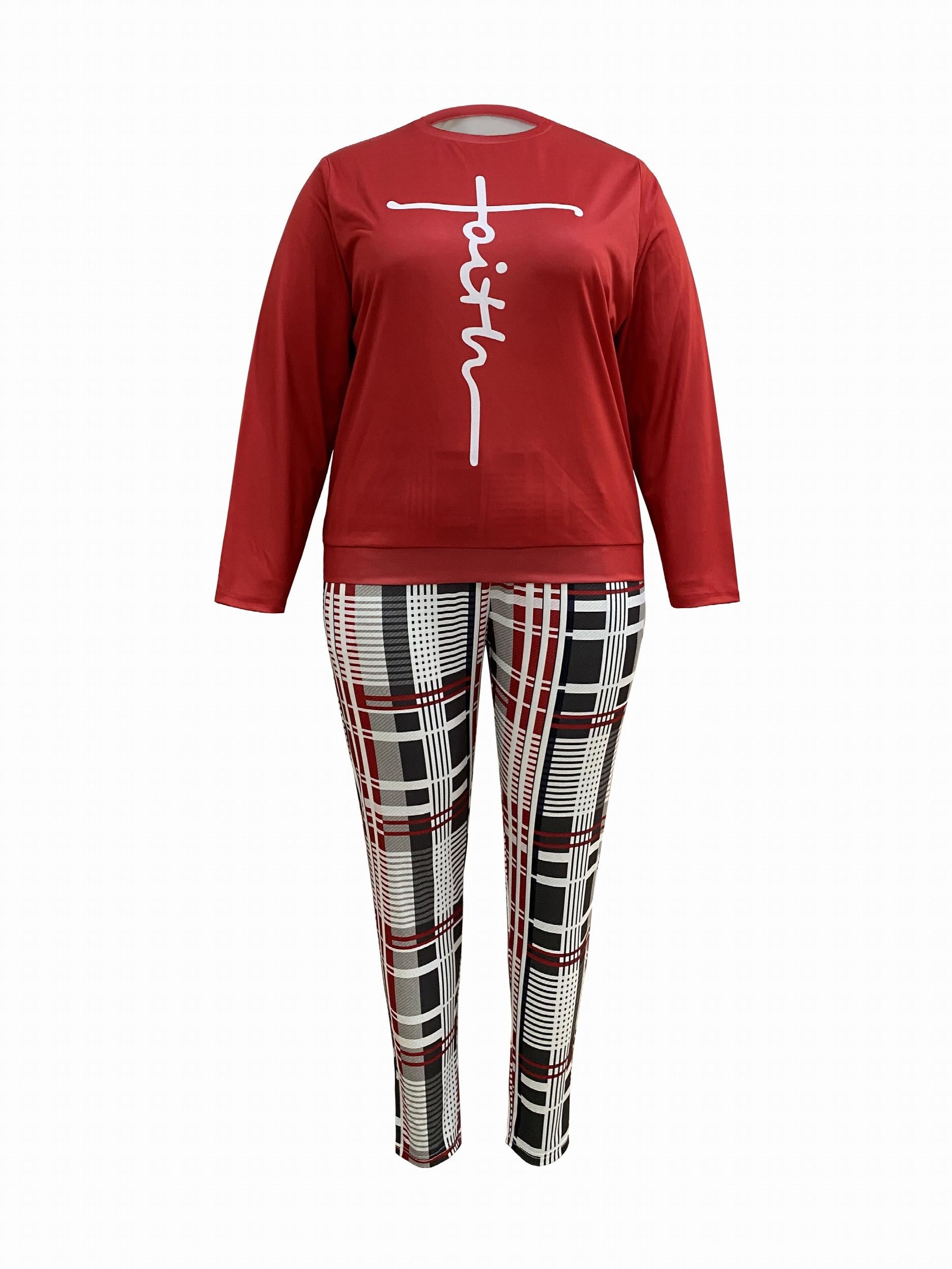 Women's Plus Art Letter Print Top & Printed Pants Two Piece Set