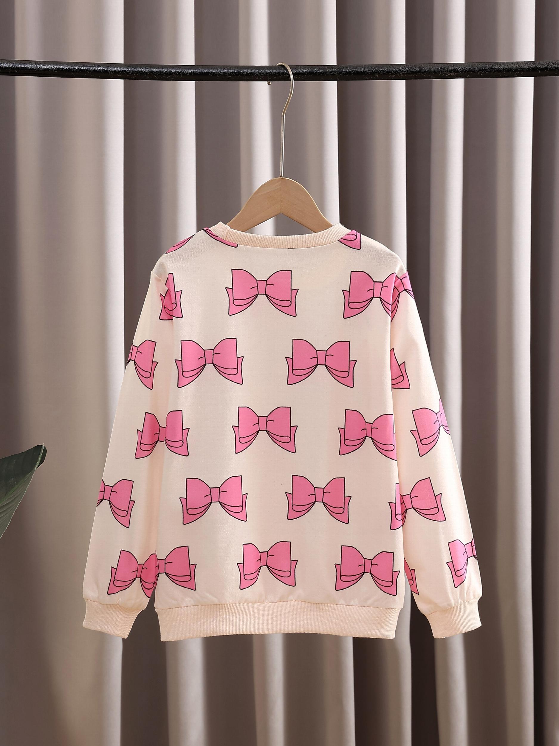 Girls Bow Print Crew Neck Sweatshirt Long Sleeve Pullover Top