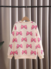 Girls Bow Print Crew Neck Sweatshirt Long Sleeve Pullover Top