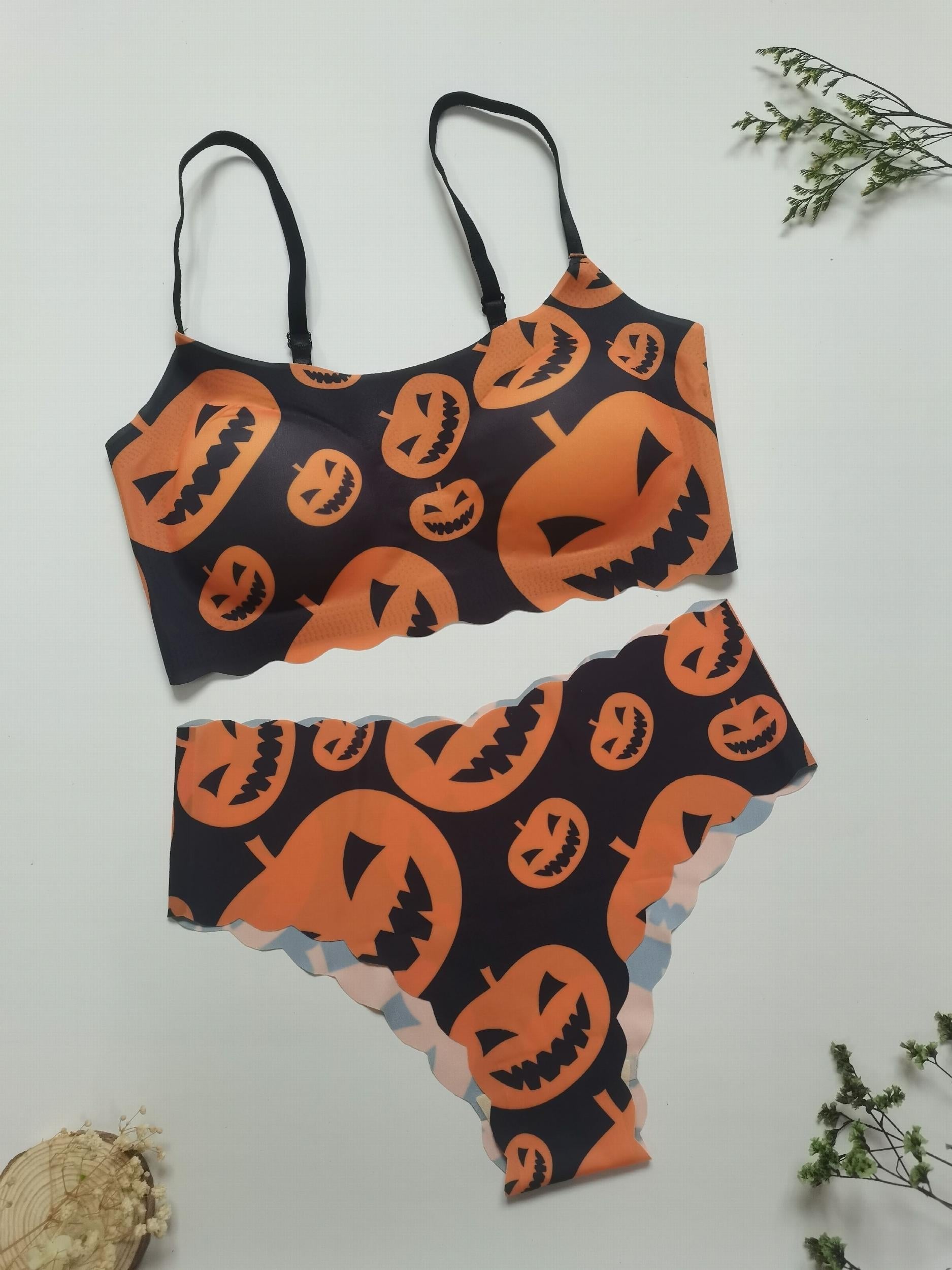 Pumpkin Print Bra & Panties Halloween Set