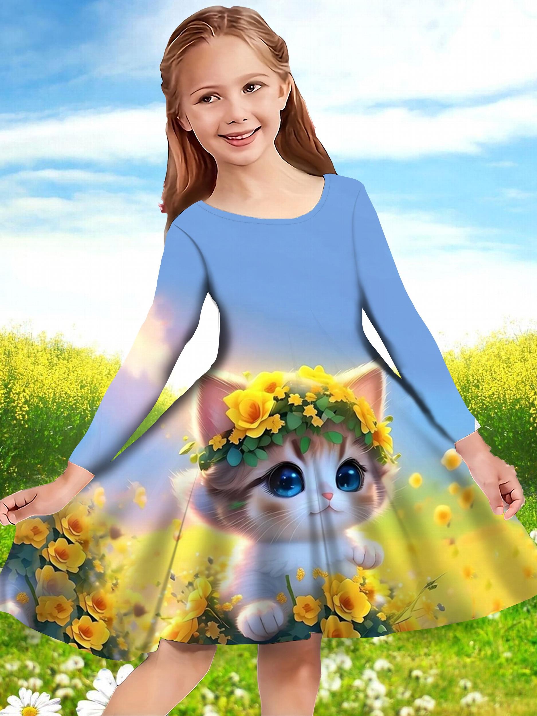 Girls Sunflower & Kitty Graphic Long Sleeve Dress Spring Fall
