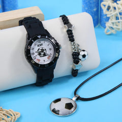 3pcs Boys' Quartz Watch Set Sports Silicone Strap Football Watch and Brace
