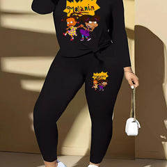 Cartoon Figure & Letter Print Long Sleeve Top & Leggings Set