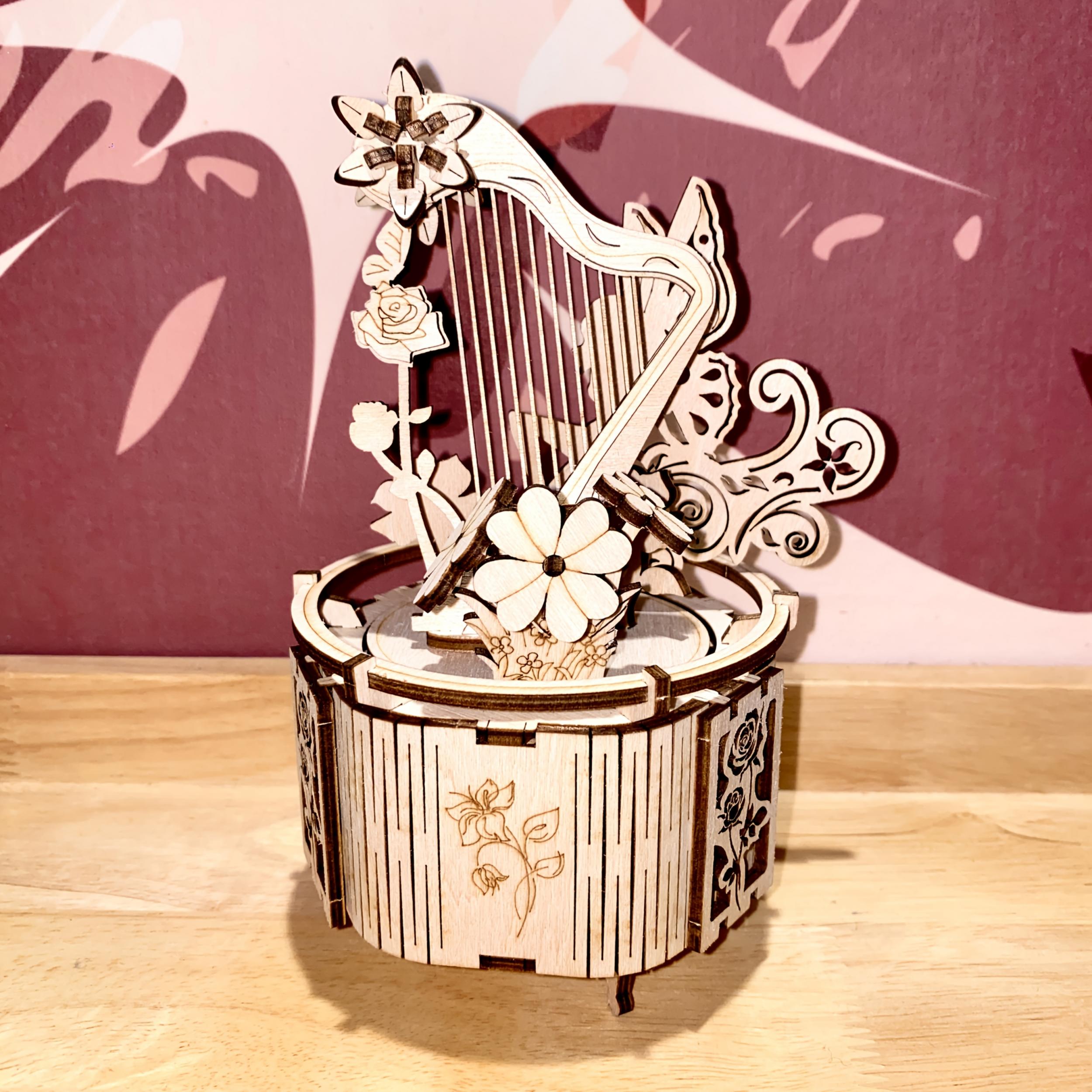 3D Wooden Puzzle Handcrafted Recycled Wood Rose with Lyre & Floral Yellow