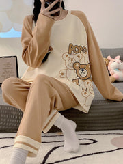 Bear Print Pajama Set Long Sleeve Crew Neck Top & Pants
