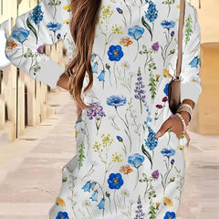 Women's Floral Print Long Sleeve Hooded Sweatshirt Dress
