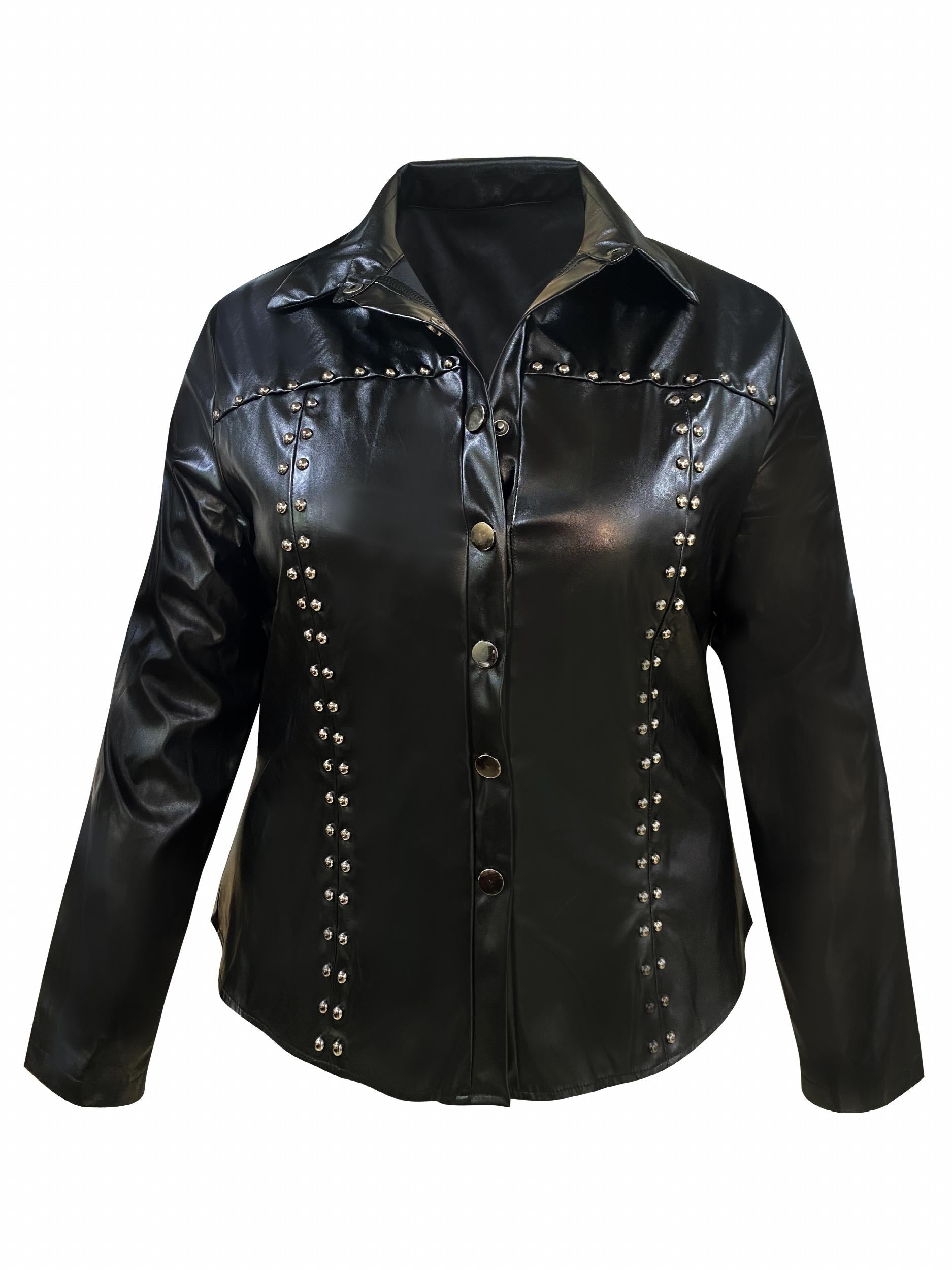 Punk Blouse Faux Leather Button Down Long Sleeve Turn Down Collar