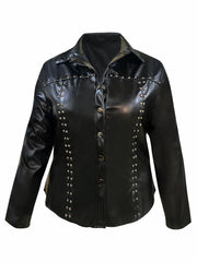 Punk Blouse Faux Leather Button Down Long Sleeve Turn Down Collar