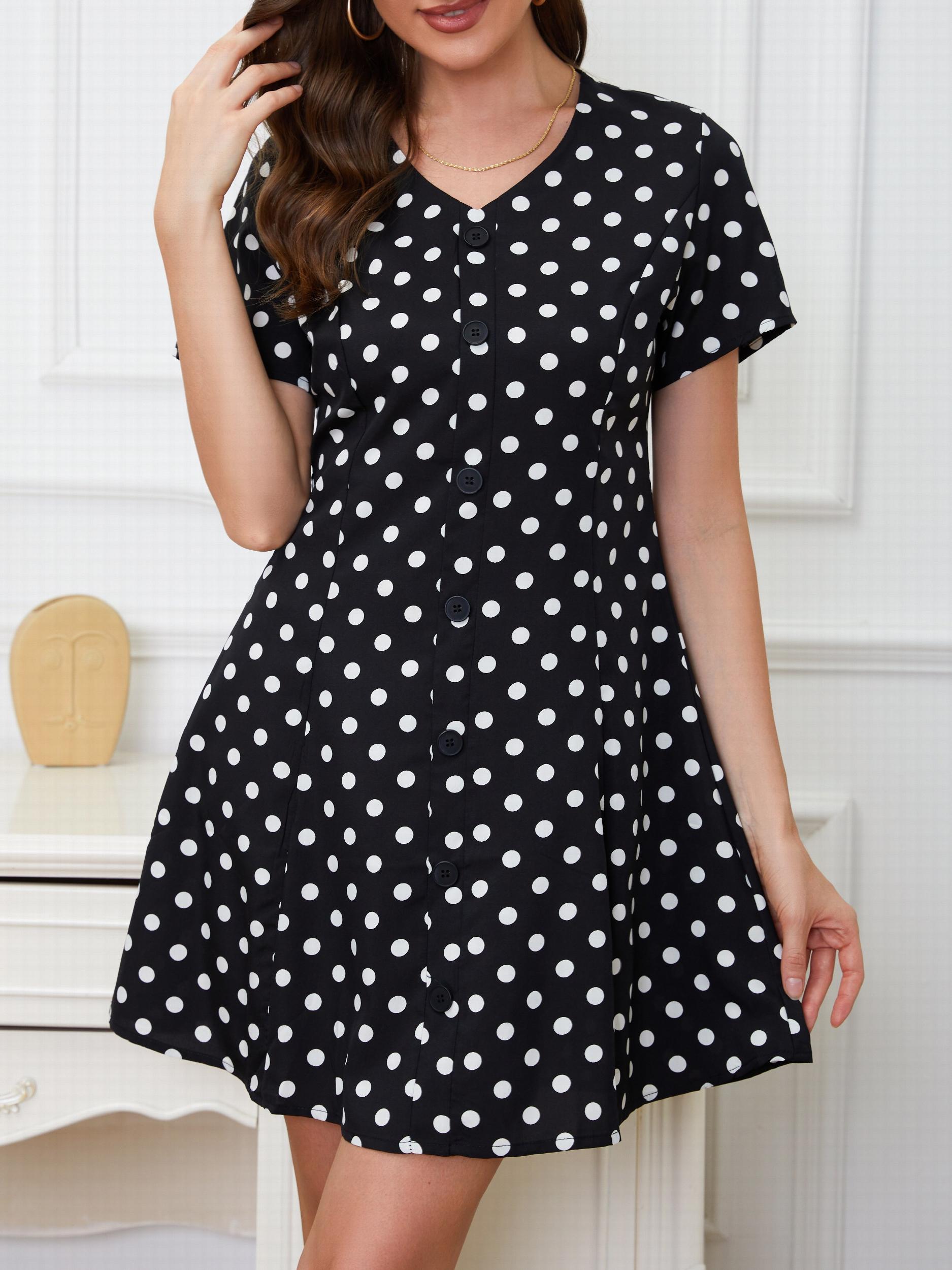Polka Dot Button Front Dress V Neck Short Sleeve Casual Dress