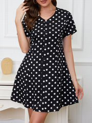 Polka Dot Button Front Dress V Neck Short Sleeve Casual Dress