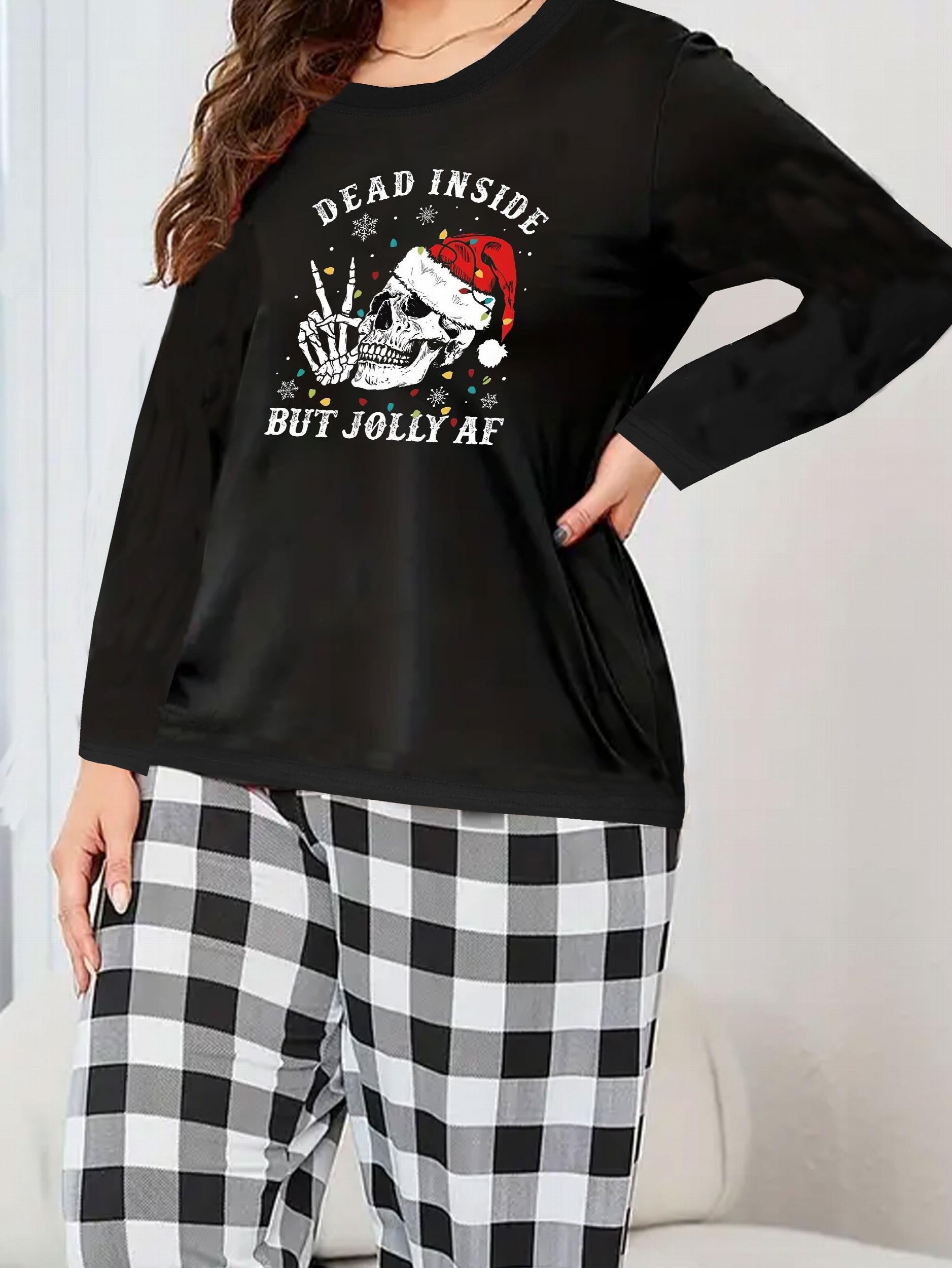 Plus Size Christmas Lounge Set Women's Long Sleeve Hat Skull & Slogan Print