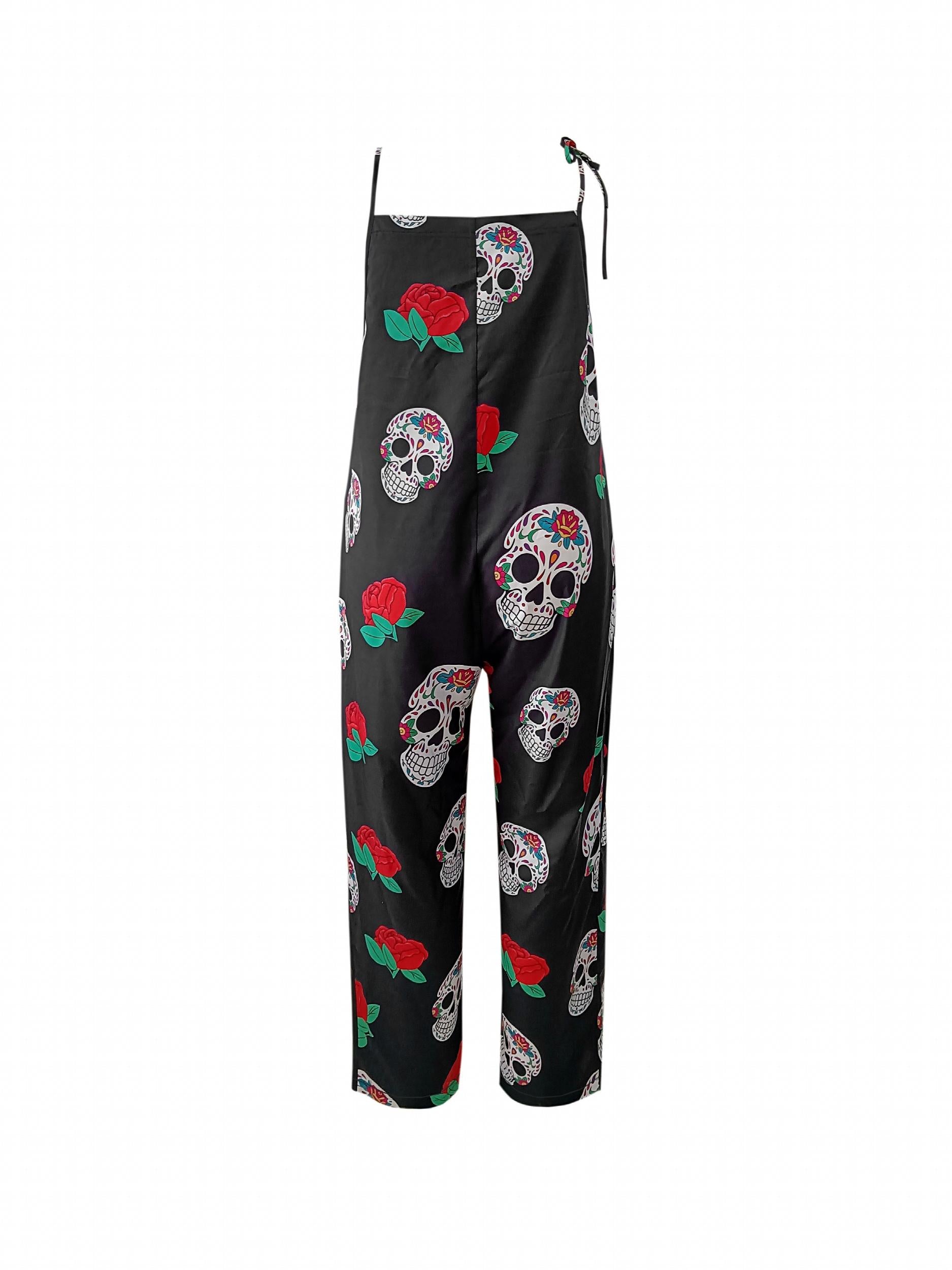 Rose & Skull Print Square Neck Jumpsuit