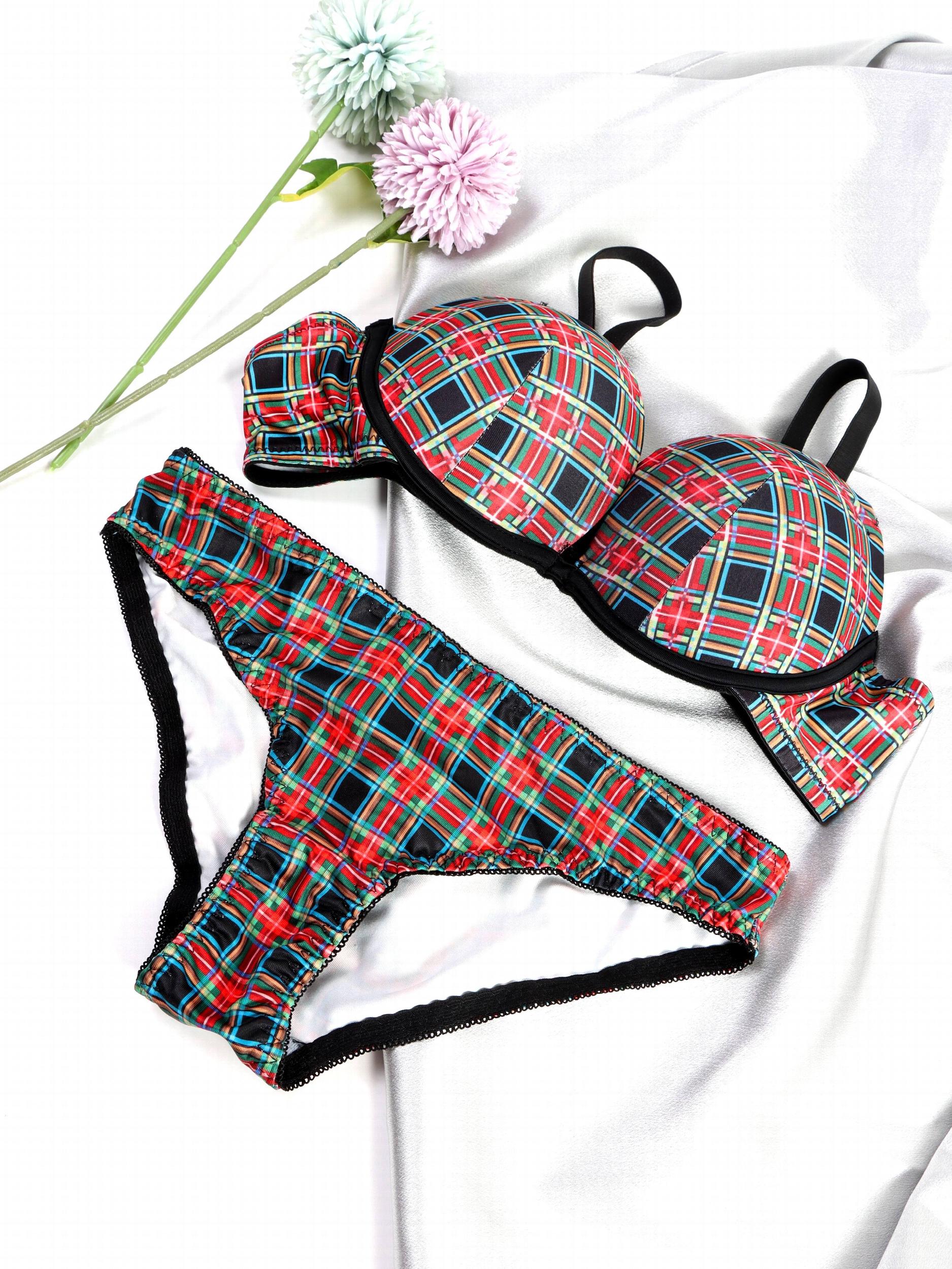 Colorblock Plaid Bra & Panties Lingerie Set