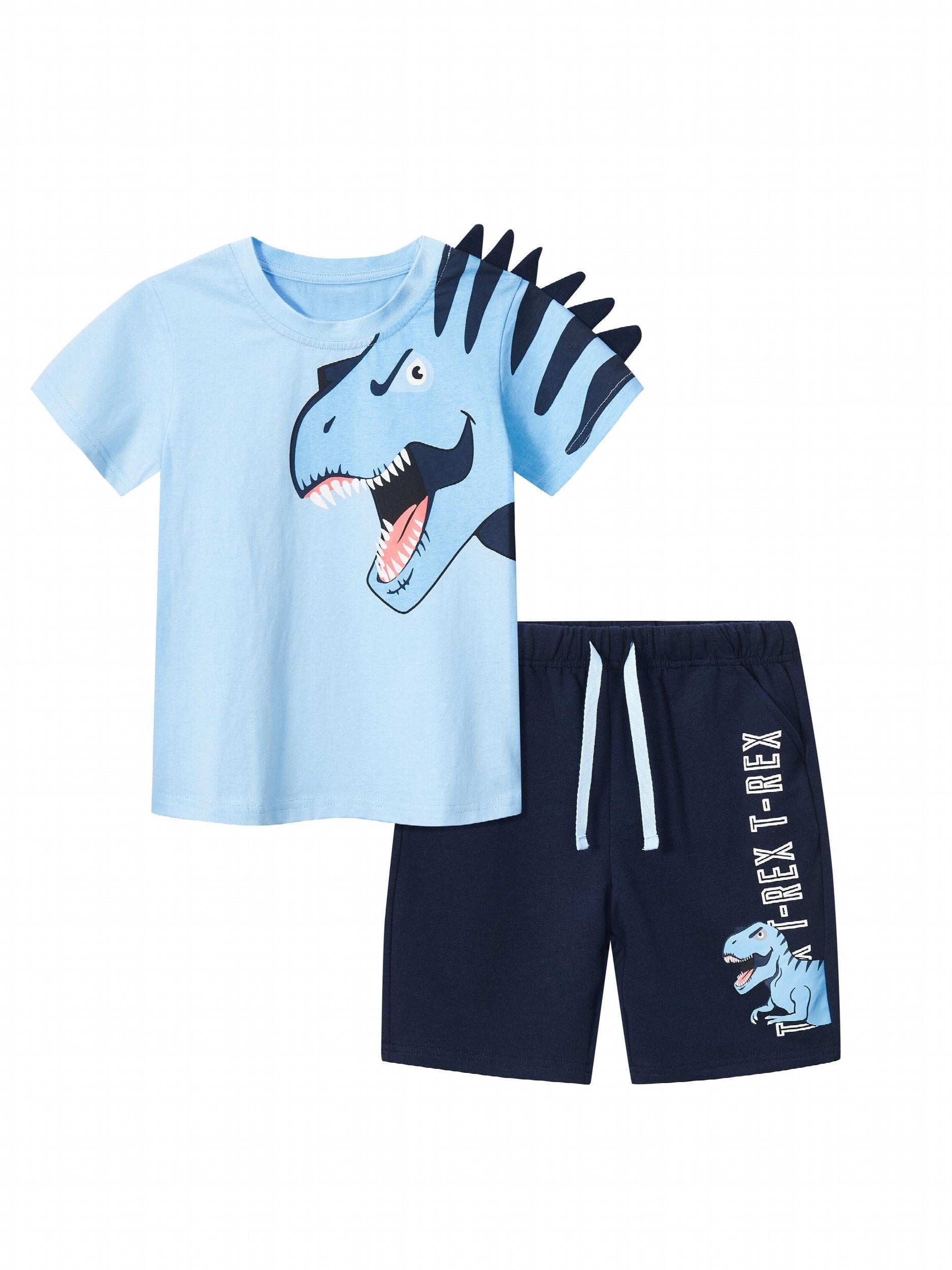 Boys T rex Dinosaur Graphic Casual Outfit Tee & Shorts for Summer