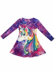 Shining Unicorn Graphic Long Sleeve Dress for Girls