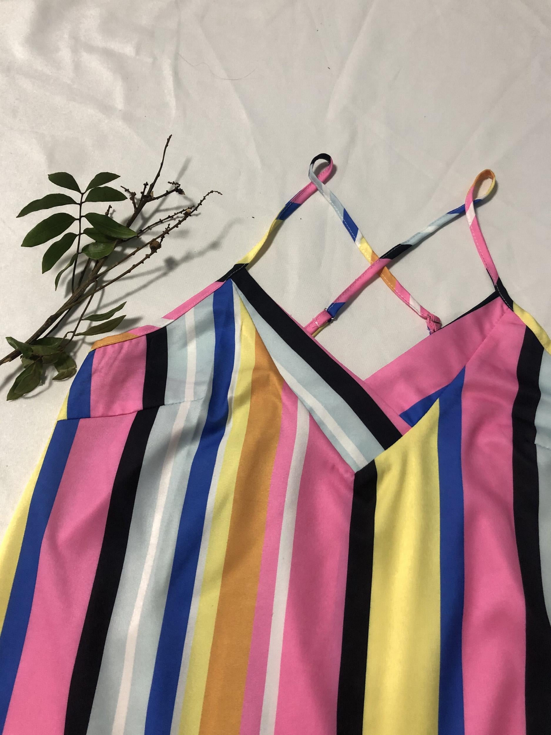 Striped Print Cami Top Boho V Neck Spaghetti Summer Sleeveless Top