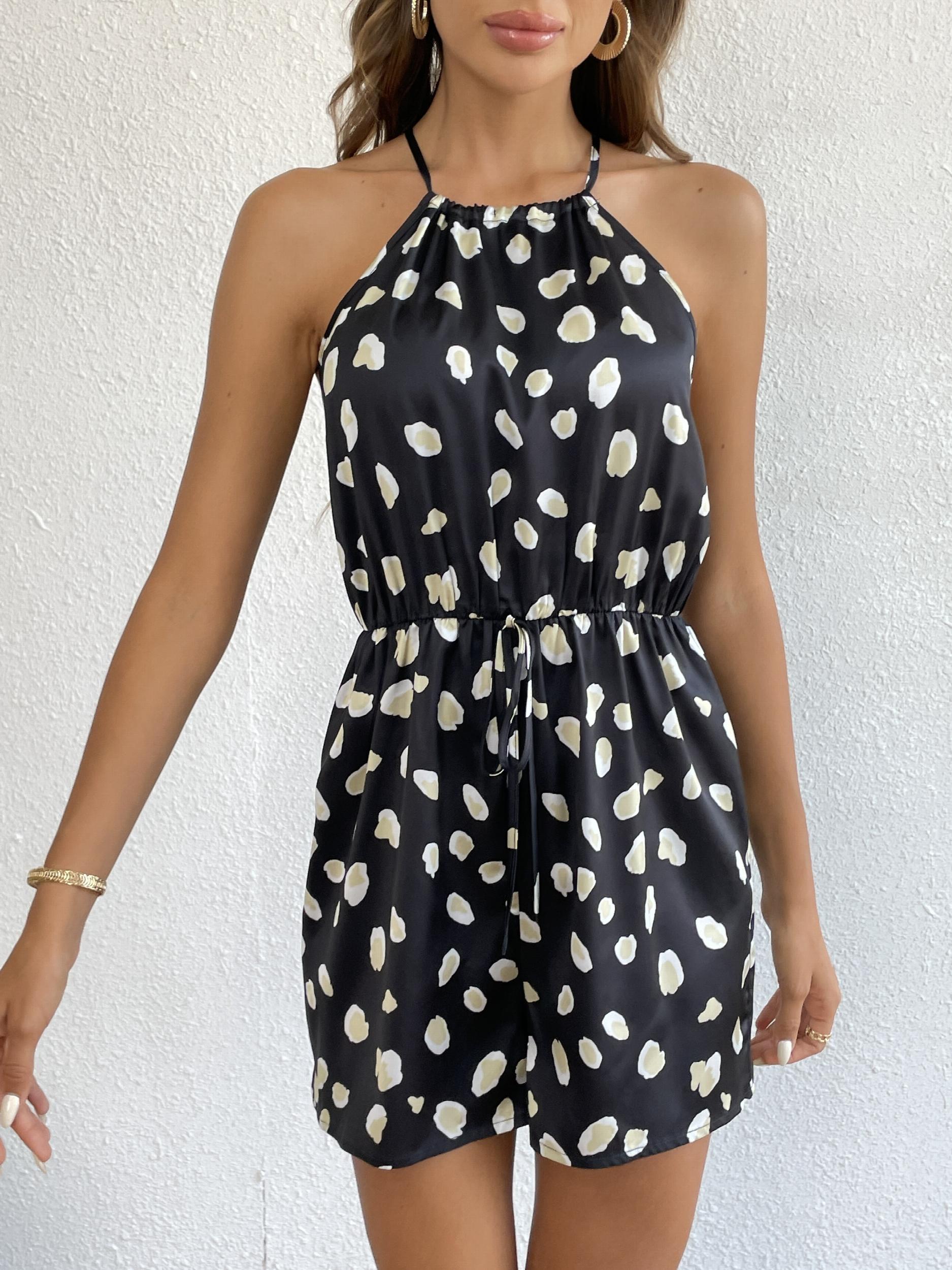 Polka Dot Drawstring Waist Romper Jumpsuit