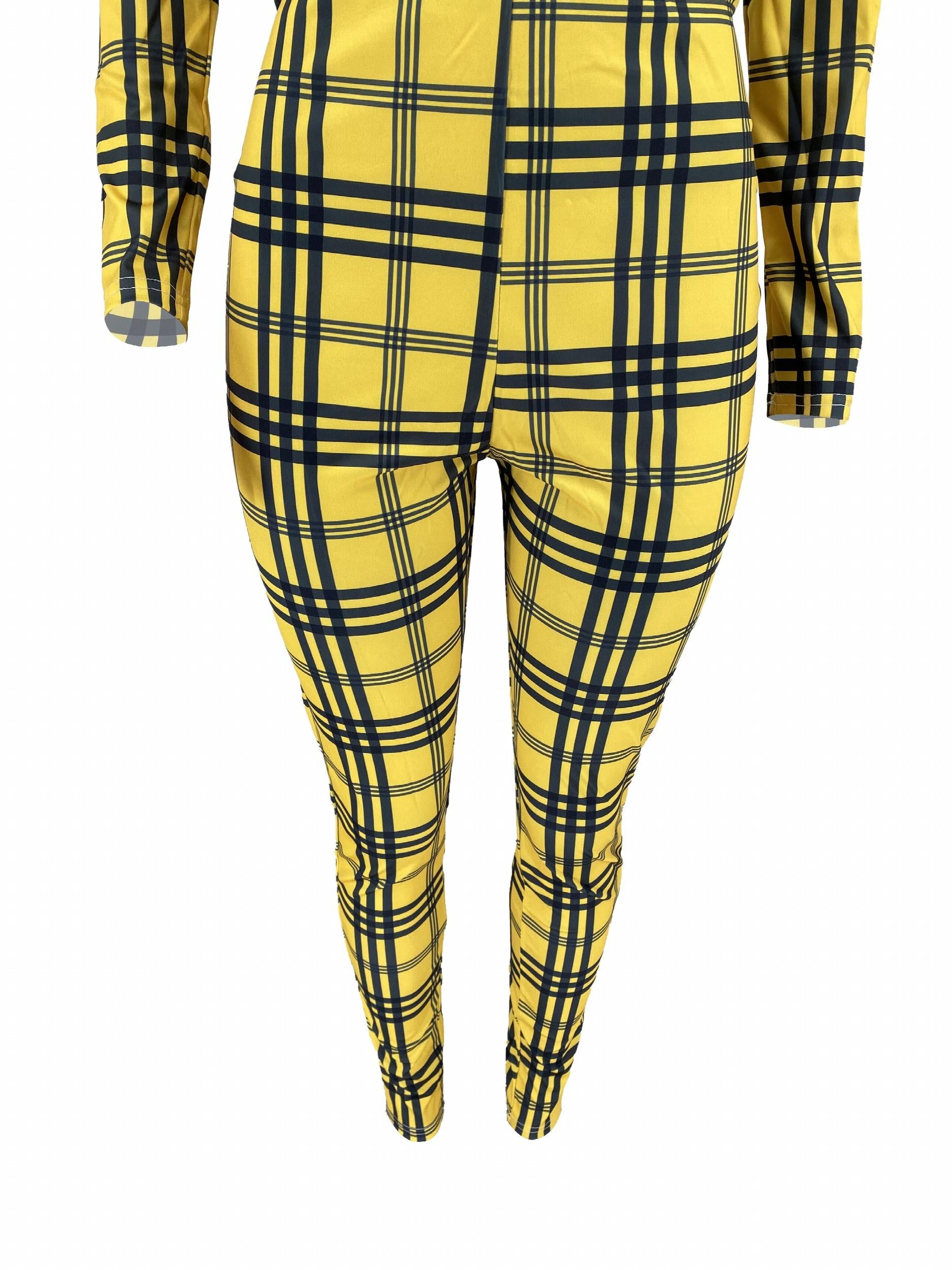 Plaid Skinny V Neck Jumpsuit Casual Long Sleeve Stretchy Jumpsuit