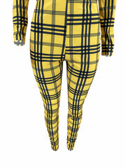 Plaid Skinny V Neck Jumpsuit Casual Long Sleeve Stretchy Jumpsuit