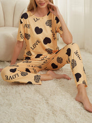 Heart Print Pajama Set Short Sleeve Top & Pants Women's Sleepwear