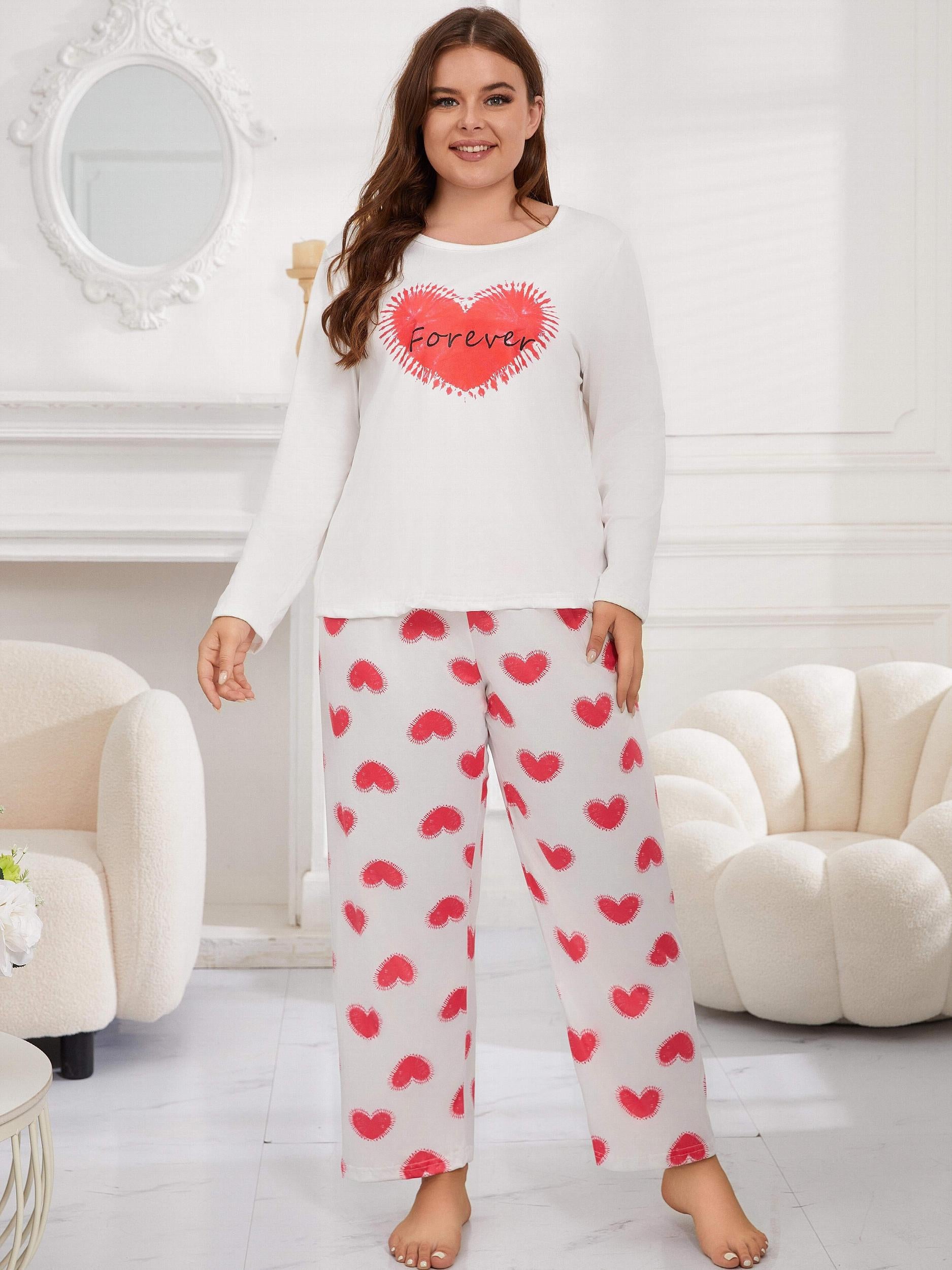 Heart Print Long Sleeve Tee & Pants Pajamas Set