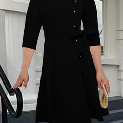 Solid Button Decor Half Sleeve Dress