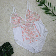 Plum Blossom Embroidered Lace Teddy Bodysuit