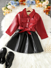 Baby Girls PU Leather Dress Long Sleeve Lapel With Belt Dress