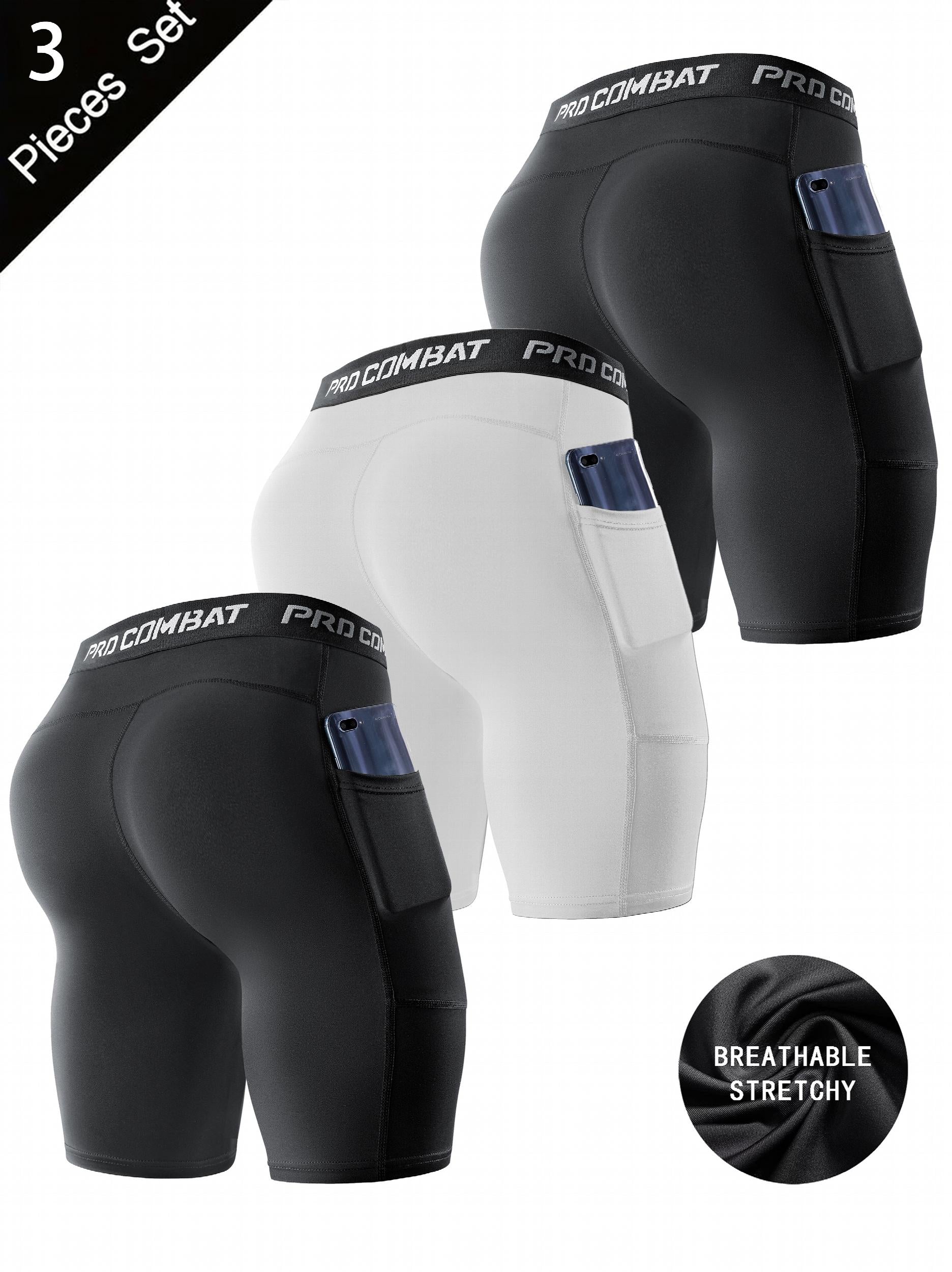 3 Pcs Men's Compression Boxers with Pockets Quick Drying for Fitness