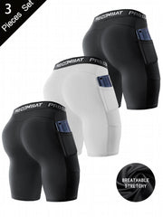 3 Pcs Men's Compression Boxers with Pockets Quick Drying for Fitness