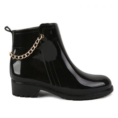 Metal Chain Decor PVC Round Toe Flat Waterproof Rain Boots