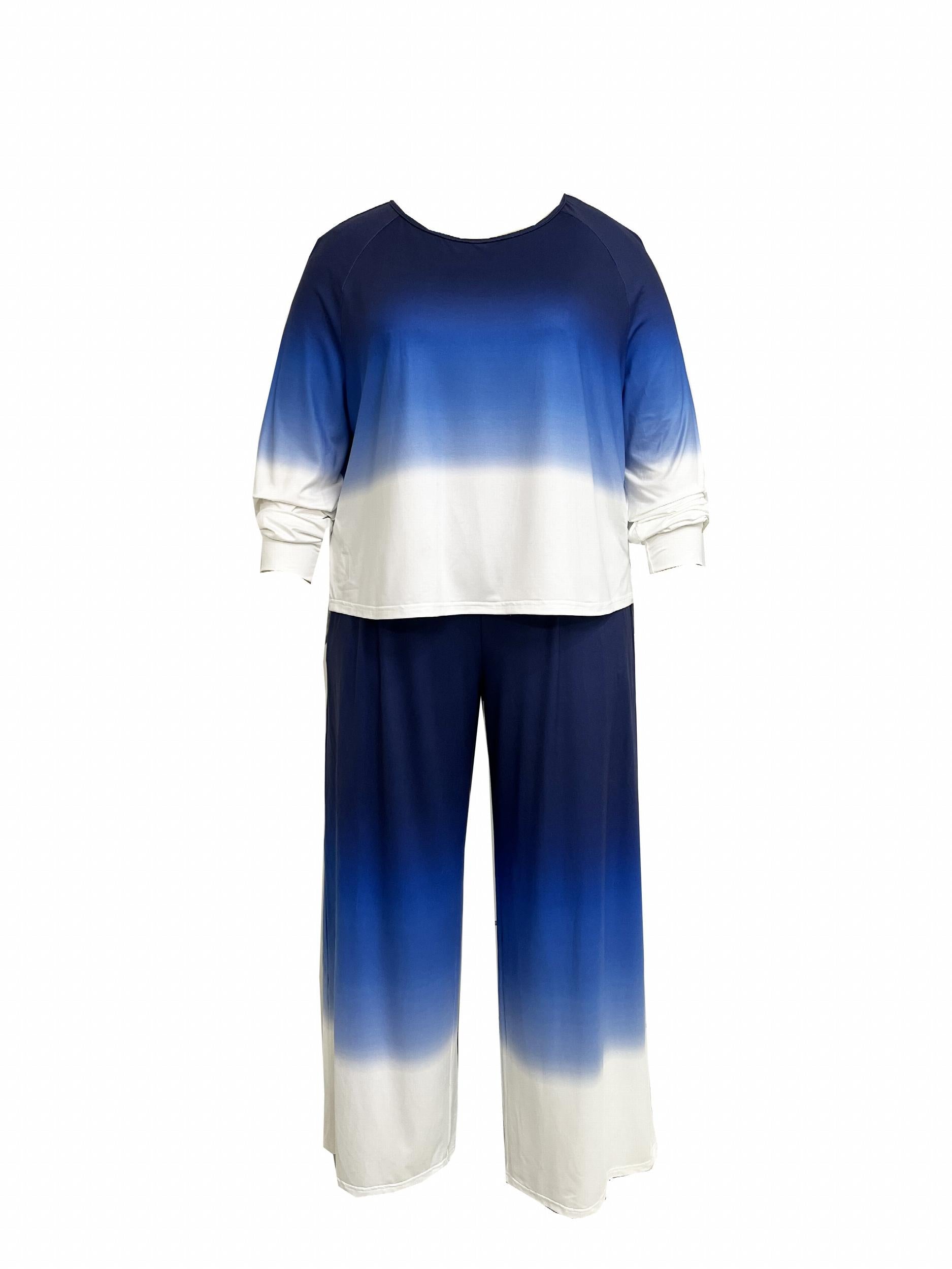 Women's Plus Tie Dye Long Sleeve Top & Wide Leg Pants Set