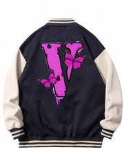 Butterfly Pattern Varsity Jacket Men's Block Button Up Jacket