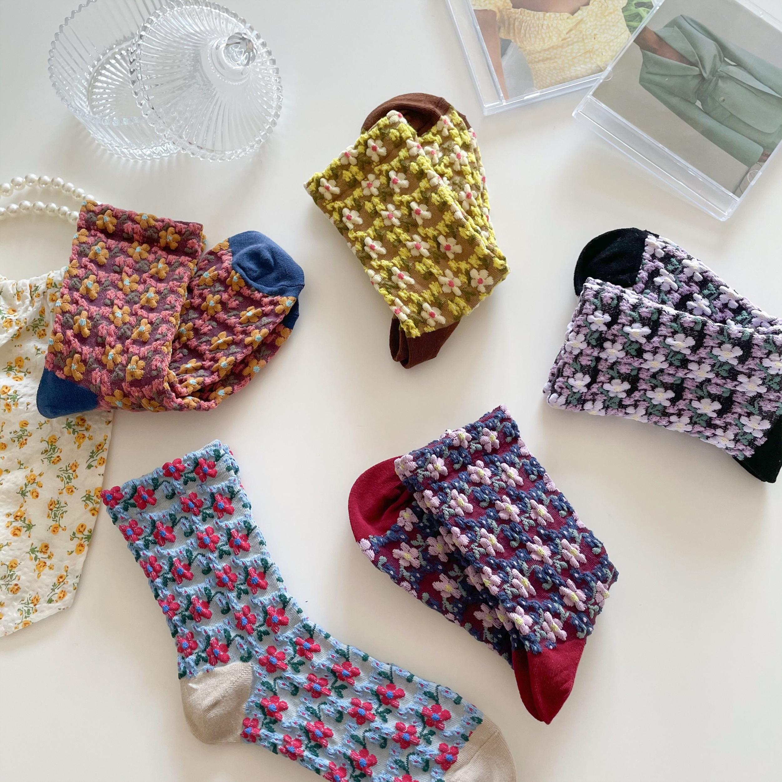 5 Pairs 3D Floral Textured Socks Womens Mid Tube Stockings