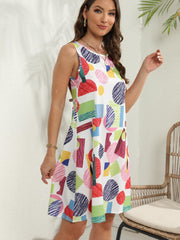 Geometric Print Dress Crew Neck Sleeveless Tank Dress For Summer