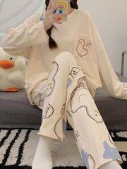 Duck Print Pajama Set Long Sleeve Top & Elastic Waistband Pants