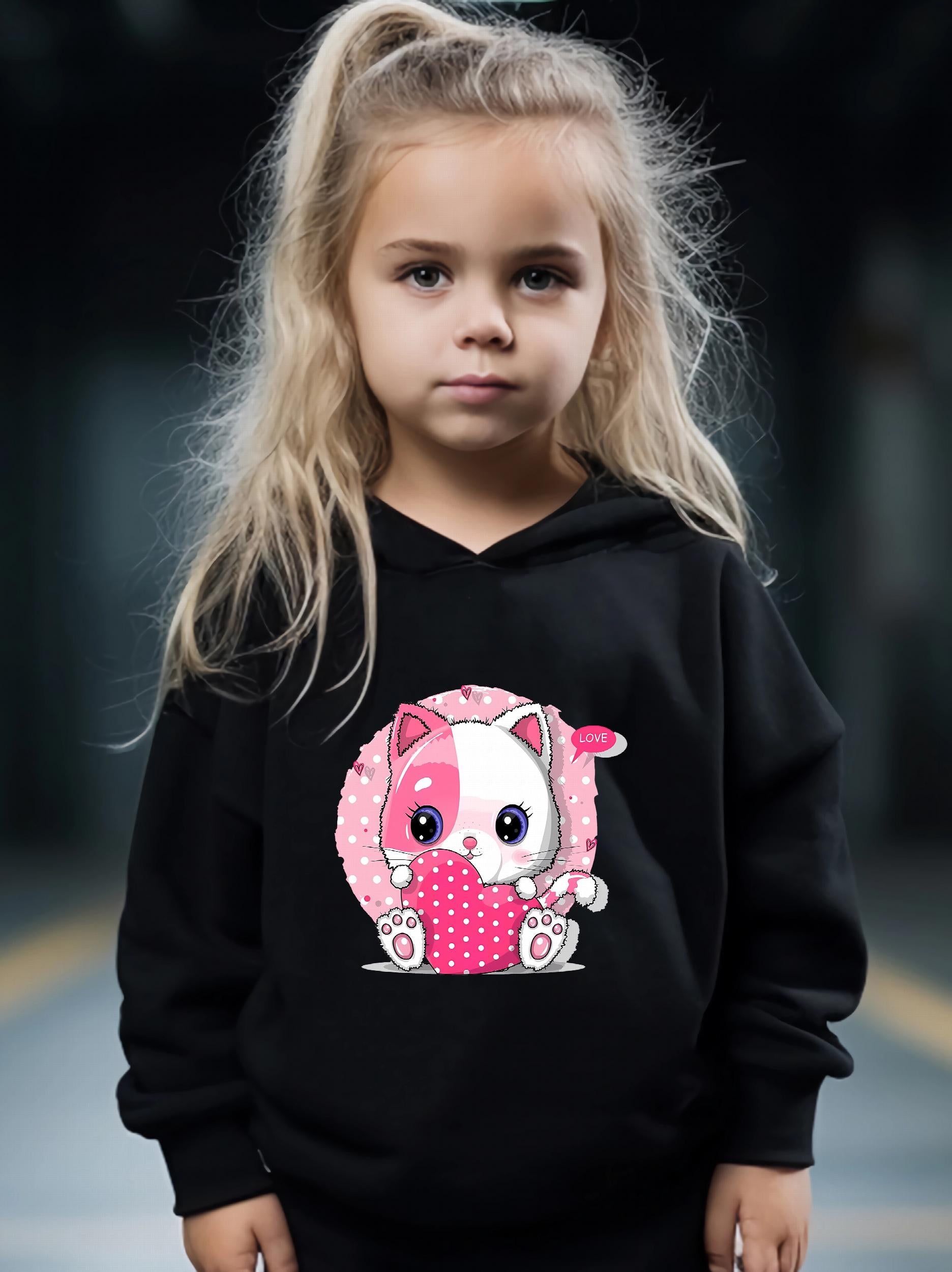 Kid's 2pcs Cat & Heart Print Long Sleeve Outfit Hoodie & Pants Set