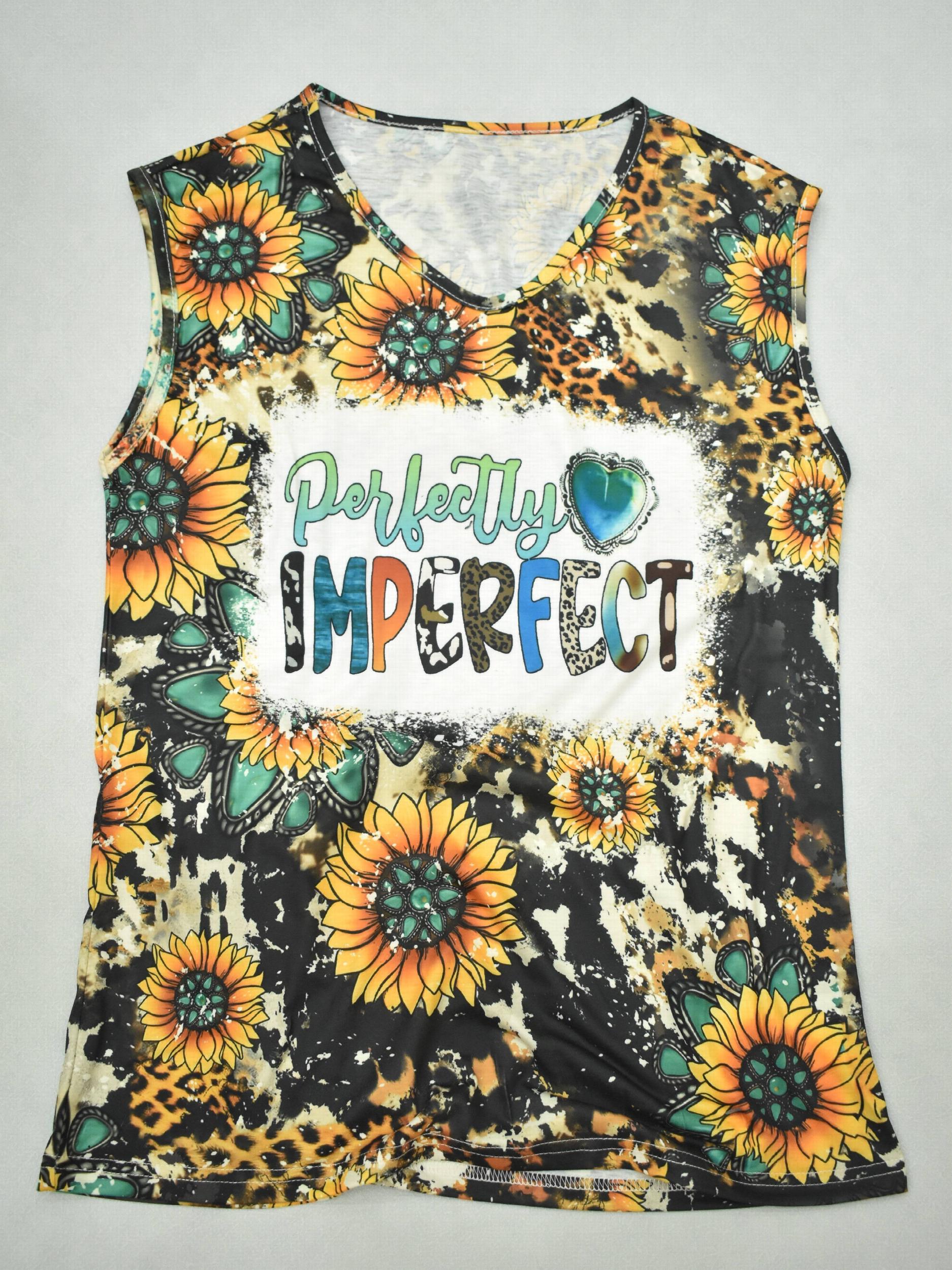 Sunflower & Letter Print V Neck Tank Top - Summer Sleeveless Casual Top
