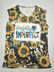Sunflower & Letter Print V Neck Tank Top - Summer Sleeveless Casual Top