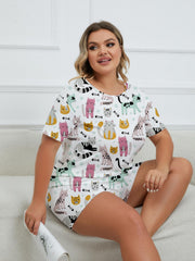 Cartoon Cats & Fish Print Tee & Shorts Pajamas Set