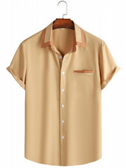 Men's Short Sleeve Button Up Shirt, Chest Pocket, Contrast Lapel