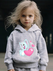 Girls 2pcs Cat & Heart Pattern Hooded Sweatshirt & Sweatpants Set